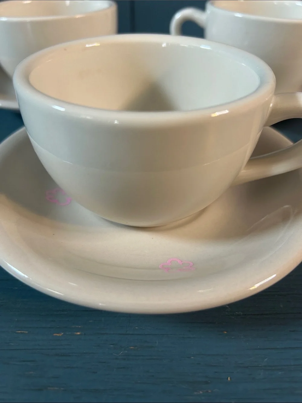 CAC Classic White Ceramic Teacups and Saucer Set - 3 Pieces | Pink Floral Detail